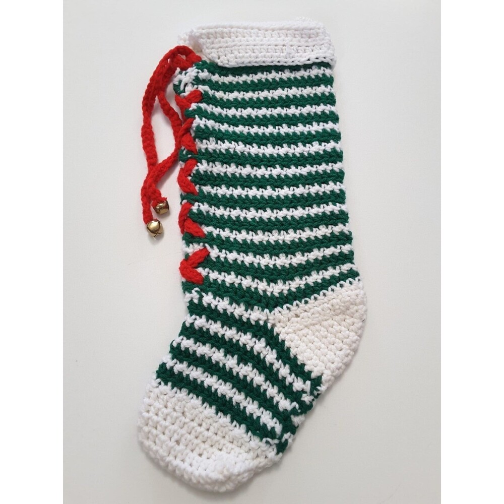 Vintage Crocheted Striped Lace Up Christmas Stocking with Bells
